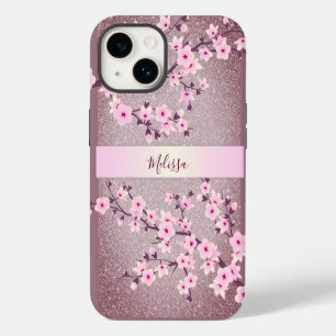 Mauve Glitter Floral Cherry Blossoms Monogram iPhone 14 Case