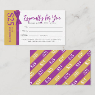 Mauve gold bow business gift $25 gift certificate card