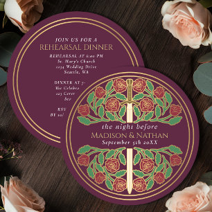 Mauve Gold Floral Sword Royal Wedding Rehearsal  Invitation