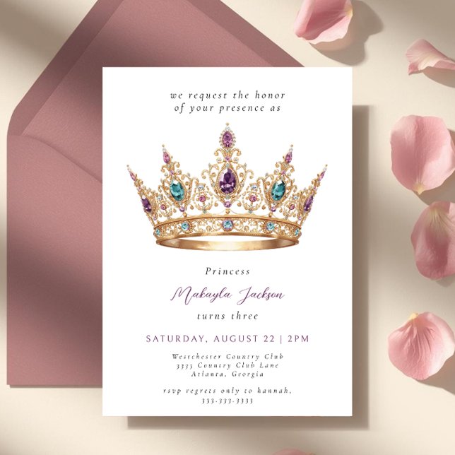 Mauve Gold Princess Crown Fairytale Birthday Party Invitation (Creator Uploaded)