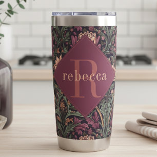 Mauve Green Floral William Morris Elegant Monogram Insulated Tumbler