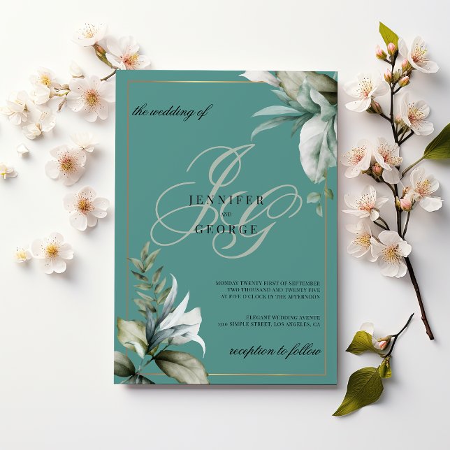 Mauve green gold foliage monogram initials wedding invitation (Mauve green gold foliage monogram initials wedding)