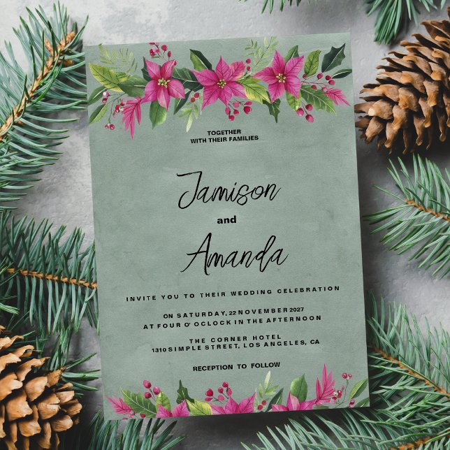 Mauve green pink winter floral Christmas Wedding  Invitation (Mauve green pink winter floral Christmas Wedding )