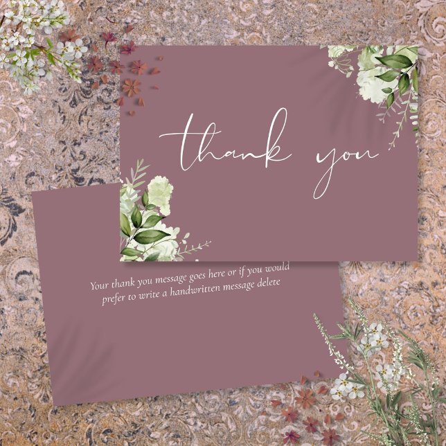Mauve Greenery Floral Elegant Script Thank You Card (Mauve Greenery Floral Elegant Script Thank You Card)