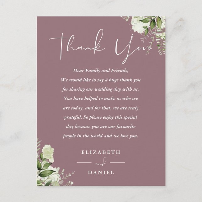 Mauve Greenery Thank You Wedding Place Card (Front)