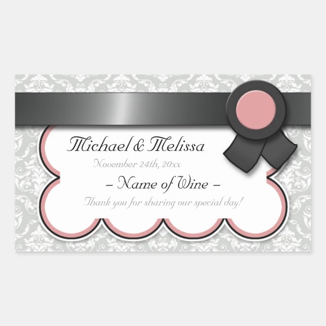 Mauve & Grey Damask Wedding Wine Bottle Labels (Front)