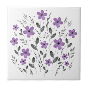 Mauve Grey Five Petal Watercolor Floral Motif Tile