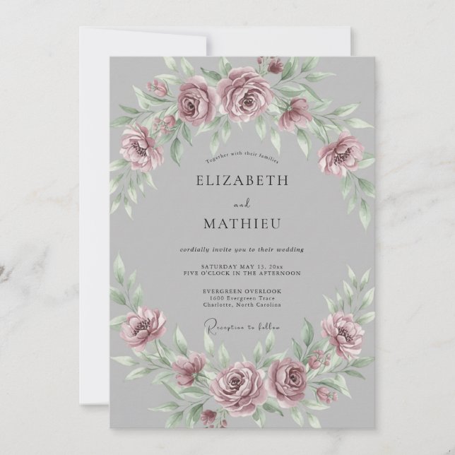 Mauve Grey Romantic Watercolor Wedding Invitation (Front)