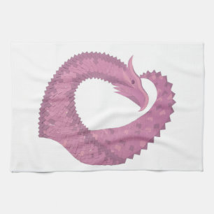 Mauve heart dragon on white tea towel