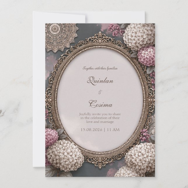 Mauve Hydrangea Oval Wedding Invitation (Front)