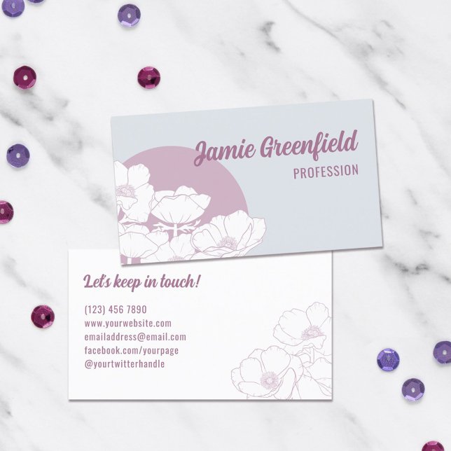 Mauve Ice Grey White Anemones Line Art Business Card (Creator Uploaded)