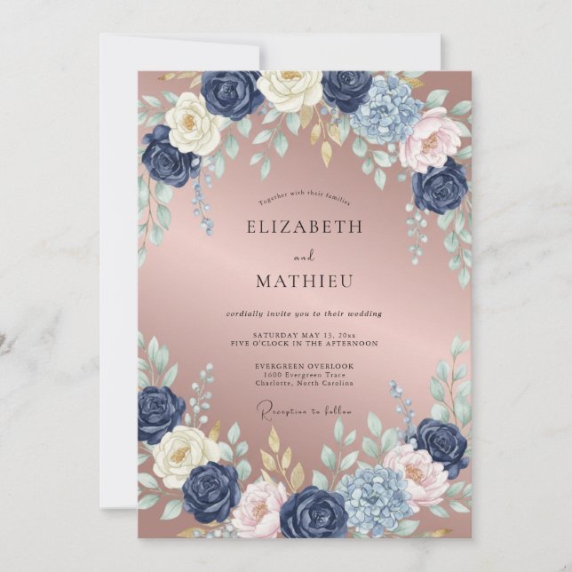 Mauve Indigo Blossom Wedding Invitation (Front)