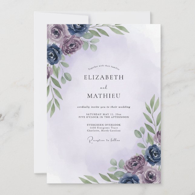Mauve Indigo Foliage Eucalyptus Wedding Invitation (Front)