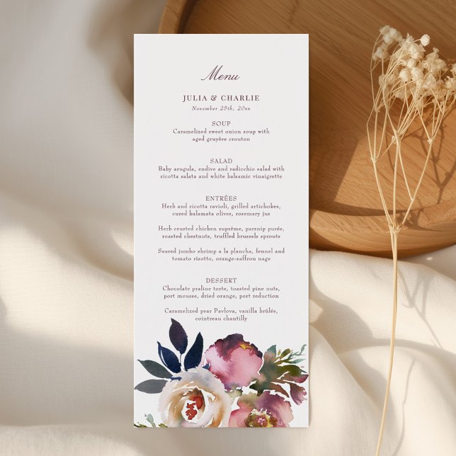 Mauve Indigo Watercolor Rose Wedding Menu (Creator Uploaded)