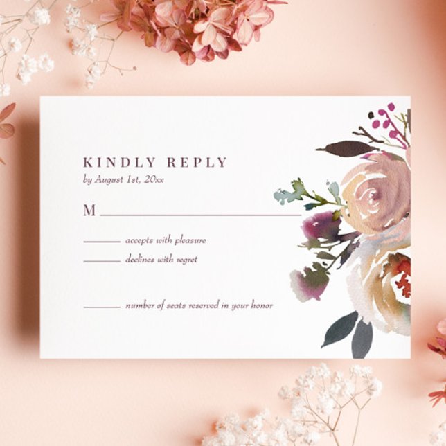 Mauve Indigo Watercolor Rose Wedding RSVP Card (Creator Uploaded)