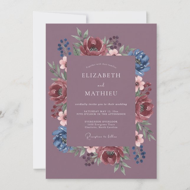 Mauve Indigo Wreath Wedding Invitation (Front)