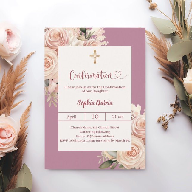 Mauve ivory dusty rose florals Confirmation Invitation (Creator Uploaded)
