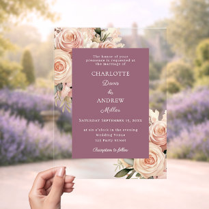 Mauve ivory dusty rose florals luxury wedding acrylic invitations