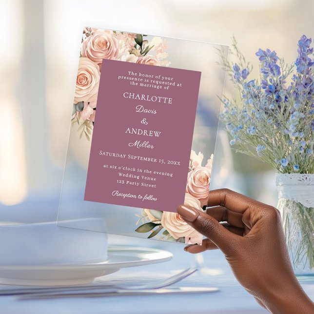 Mauve ivory dusty rose florals luxury wedding acrylic invitations (Creator Uploaded)