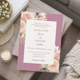 Mauve ivory dusty rose florals wedding invitation