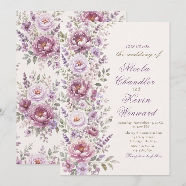 Mauve & Lavender Floral Wedding Invitation (Front/Back)