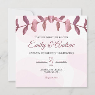 Mauve Leaf Watercolor Floral Square Wedding Invitation