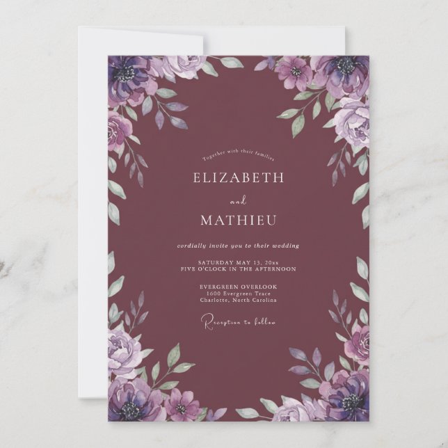 Mauve Lilac Watercolor Wedding Invitation (Front)