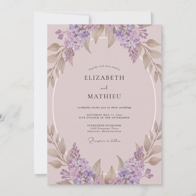 Mauve Lilac Wreath Wedding Invitation (Front)
