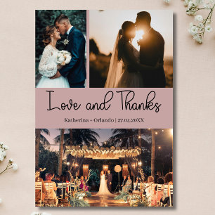 Mauve Love & Thanks Three Photo Wedding Card