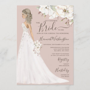 Mauve Magnolia Bride in Glitter Gown Bridal Tea Invitation