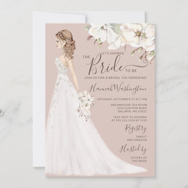 Mauve Magnolia Bride in Glitter Gown Bridal Tea Invitation (Front)