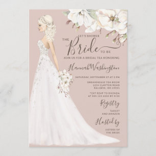 Mauve Magnolia Bride in Glitter Gown Bridal Tea Invitation