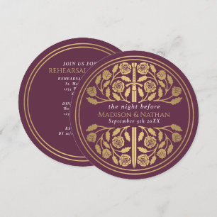 Mauve Mediaeval Gold Sword Royal Wedding Rehearsal Invitation