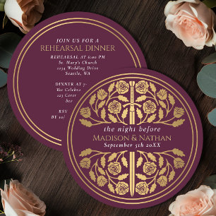 Mauve Mediaeval Gold Sword Royal Wedding Rehearsal Invitation