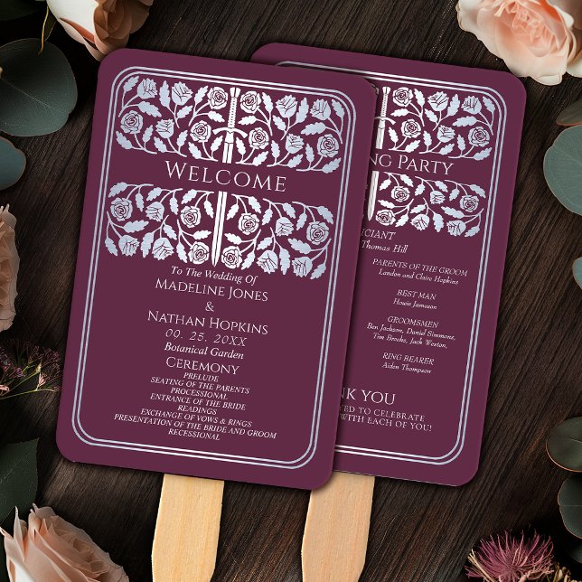 Mauve Mediaeval Silver Sword Royal Wedding Program Hand Fan (Creator Uploaded)