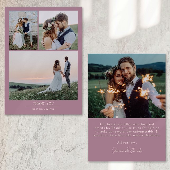 Mauve Minimalist 4 Photo Wedding Thank You Card (Creator Uploaded)