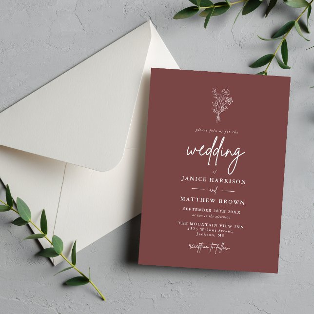 Mauve Minimalist Botanicals Wedding Invitation (Mauve botanical invitation creates a soft romantic tone for your personalized wedding celebration)