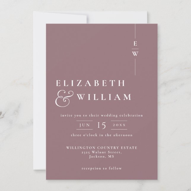 Mauve Minimalist Modern Monogram Wedding QR Code Invitation (Front)