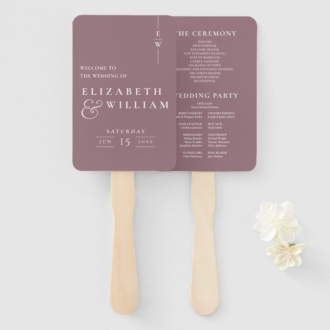 Mauve Minimalist Monogram Wedding Program Hand Fan (Front and Back)