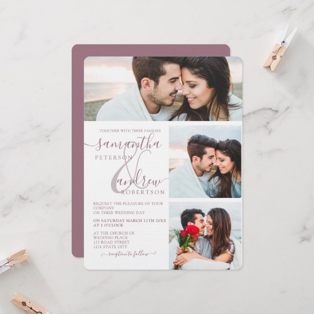 Mauve minimalist script 3 photos wedding invitation (Front/Back In Situ)