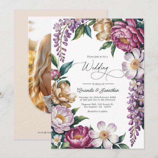 Mauve Mist, Champagne Gold & White Floral Wedding Invitation (Front/Back)