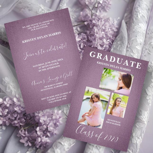 Mauve Modern 3 Photos Collage Grad Fabric Texture (Mauve Modern 3 Photos Collage Graduation Fabric Texture Effect Invitation Card in Lilac Shades.)