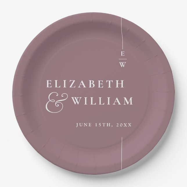 Mauve Modern Elegant Minimalist Monogram Wedding Paper Plate (Front)