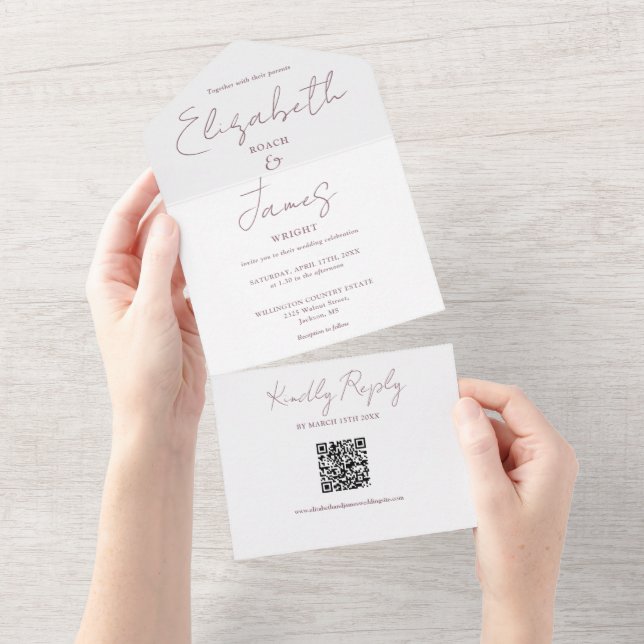 Mauve Modern Elegant Script QR Code Wedding All In One Invitation (Tearaway)