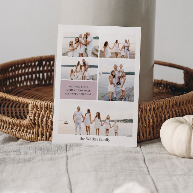 Mauve Modern Neutral 5 Photo Elegant Holiday Card (Creator Uploaded)