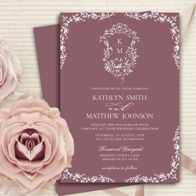 Mauve Monogram Floral Vintage Crest Wedding Invitation (Creator Uploaded)