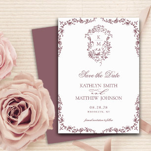 Mauve Monogram Floral Vintage Crest Wedding Save The Date