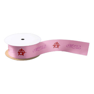 Mauve monogram on pink with red Anarchy symbol Satin Ribbon