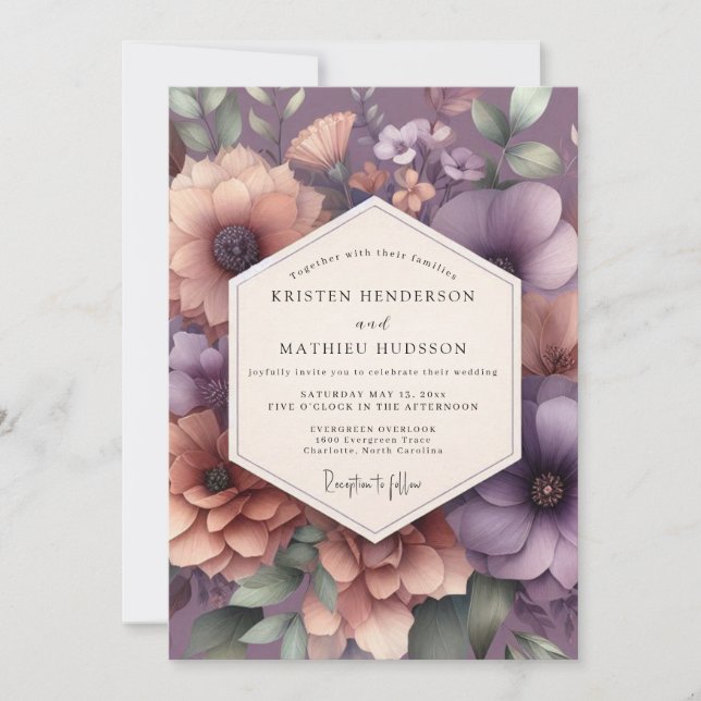 Mauve Moody Bloom Wedding Invitation (Front)