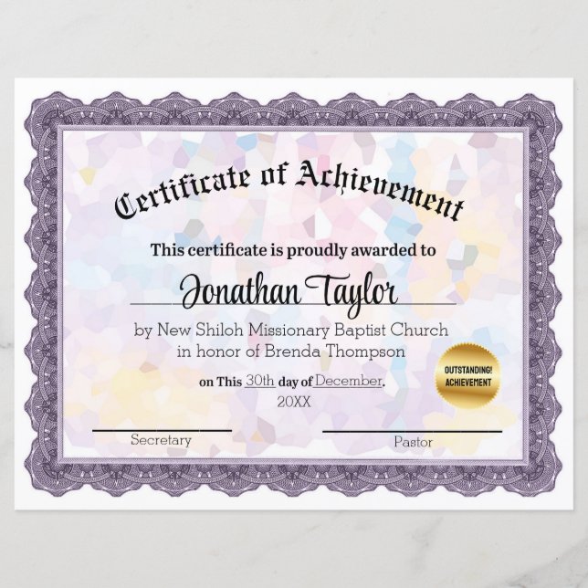 Mauve Mosaic Certificate of Achievement (Front)